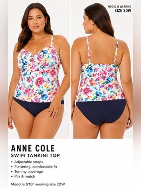 Anne Cole Plus Watercolor Floral Tankini Swim Top Size 20W NWT